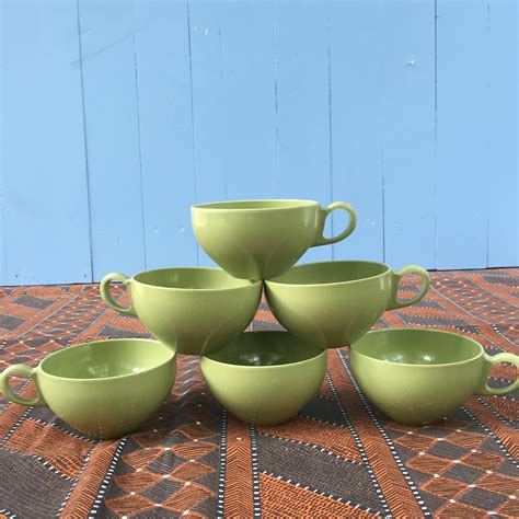 Vintage Melamine Cups And Saucer Set Of Six Avocado Olive Green