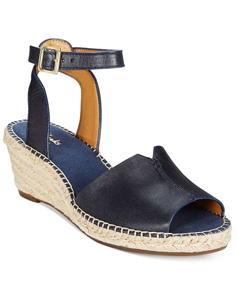 Clarks Leather Womens Petrina Selma Espadrille Wedge Sandals In Navy