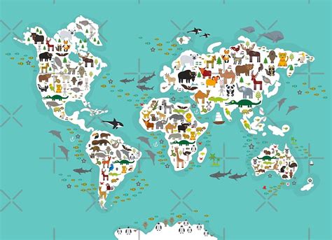 Cartoon Animal World Map For Children And Kids Animals From All Over