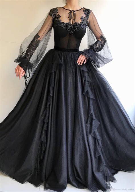 Discount Black Gothic Wedding Dresses With Long Sleeves Ball Gown