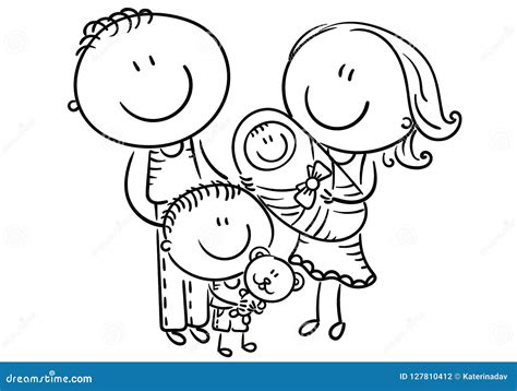 Lycklig Familj Med Två Barn Tecknad Filmdiagram översikt Vektor