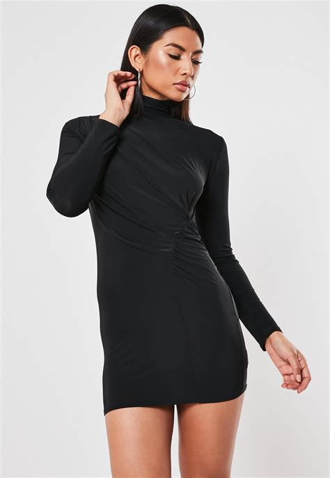 Tall Black Slinky High Neck Ruched Mini Dress Missguided