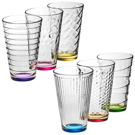 6 X 300ml Stylish Coloured Base Drinking Glasses Set Modern Design Cups