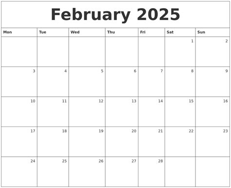 February 2025 Monthly Calendar