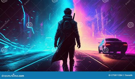 A Man Walks Down The Highway In Neon Cyberpunk Style By Generative Ai