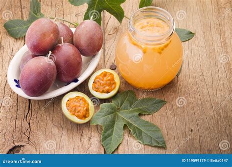 Fruits Of Gulupa On Vine Wood Table Stock Image Image Of Fruits