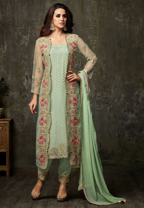 Embroidered Georgette Pakistani Suit In Pastel Green Kch1128