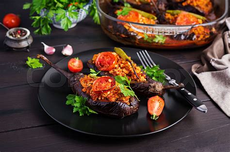 karniyarik turkish traditional aubergine eggplant meal stuffed eggplants with ground beef and