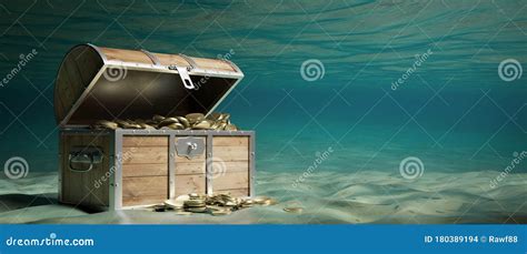 Treasure Chest Filled With Golden Coins Underwater Sea Background 3d