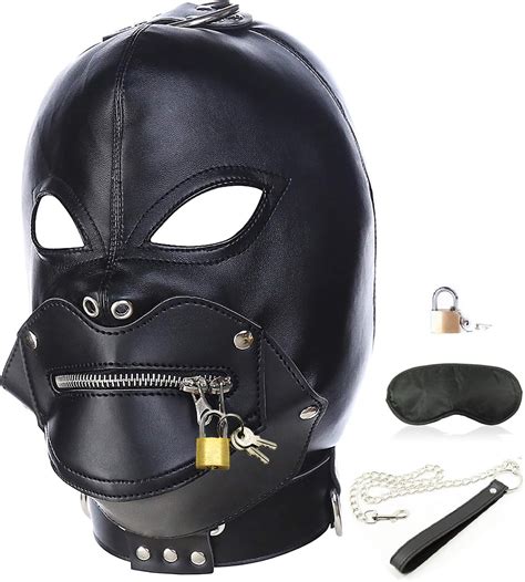Amazon Com Leather Bondage Gimp Mask Hood Black Full Face Blindfold Breathable Restraint Head