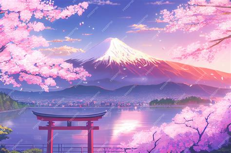 De Beaux Cerisiers Roses Et Le Mont Fuji En Arrière Plan De Ce Fond D