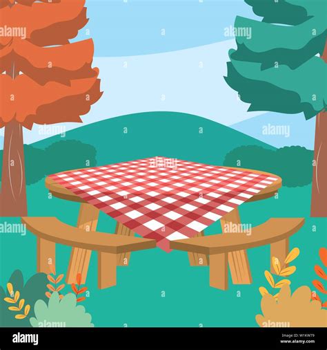 Picnic Table Design Food Summer Outdoor Leisure Healthy Spring Lunch And Meal Theme Vector
