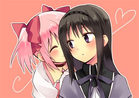 akemi homura black hair blush hijikini kaname madoka mahou shoujo madoka magica pink hair purple