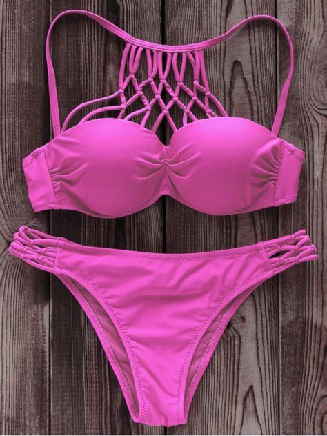 Off Solid Color High Neck Underwire Bikini Set In Rose Zaful