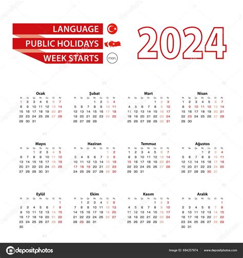 Kalender 2024 Tyrkisk Med Helligdage Tyrkiet 2024 Stock Vektor Af