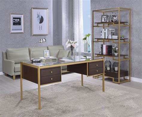 If finding a rustic or industrial desk is the look you want. Acme 92785 Yumia clear glass top gold metal finish frame ...