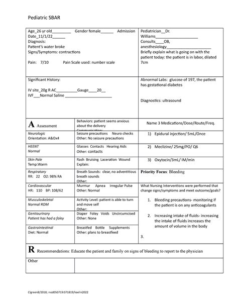 Ob Sbar Patient Pediatric Sbar Age26 Yr Old Gender Female