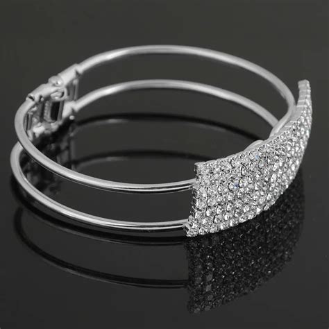 Fashion Elegant Silver Color Cuff Bangles Wristband Bangle Crystal