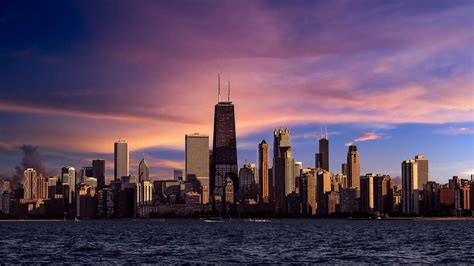 Chicago Illinois City River Skyscrapers Evening Purple Sky