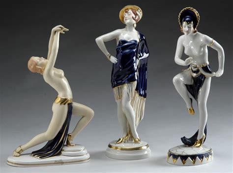 Two Royal Dux Art Deco Gilt Cobalt Decorated Porcelain Figures Together With Similar Japanese