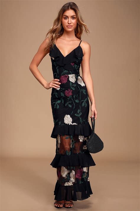 True To Heart Black Floral Embroidered Maxi Dress Embroidered Maxi
