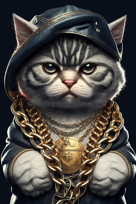 Successful Rapper Boss With Cat Head In Gangsta Style With Gold Chains