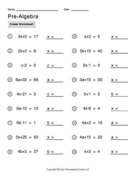 Algebra is a form math that helps us find unknown values which we refer to as variables. Simple Pre-Algebra Worksheet Maker - Create Infinite Math ...