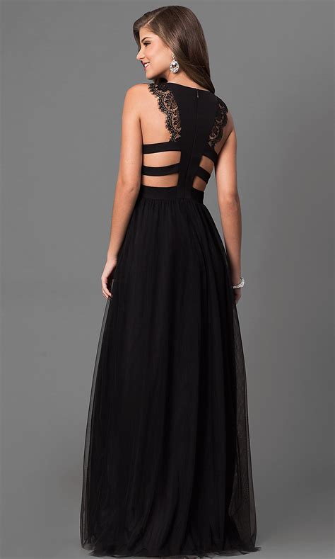 Long Cut Out Black Prom Dress With Lace Promgirl