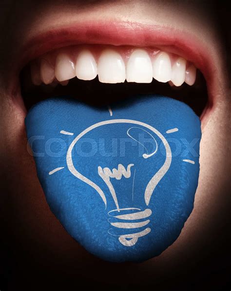 woman with open mouth spreading tongue colored in blue and lightbulb as concept stock image