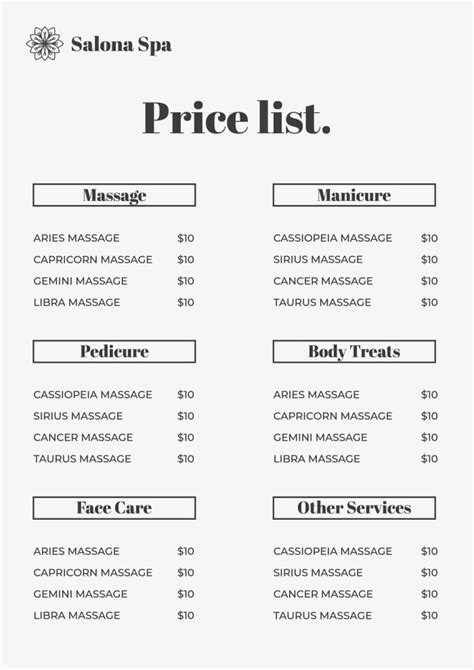 Free Spa Price List Templates To Customize I Wepik