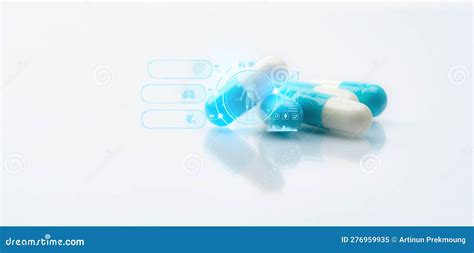 Blue and White Capsule Pills with Pharmacokinetics Concept. Diagnostic