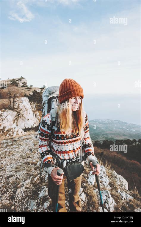 Happy Woman Traveler With Backpack Hiking Travel Lifestyle Concept