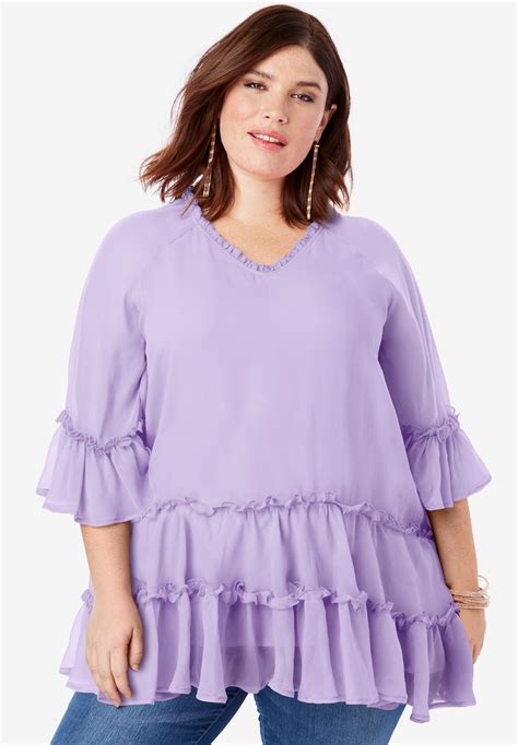 Tiered Ruffle Tunic With Bell Sleeves Plus Size Tunics Roamans