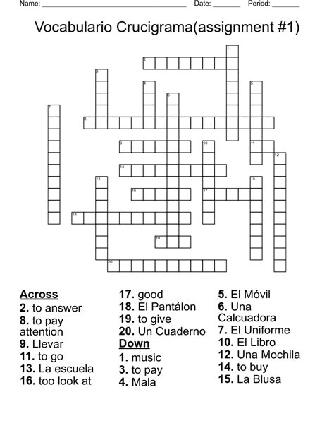 Vocabulario Crucigramaassignment 1 Crossword Wordmint