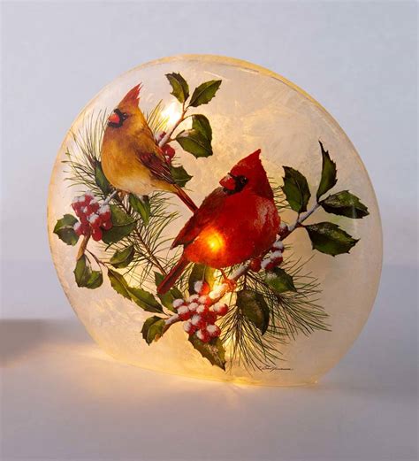 Winter Cardinals Frosted Glass Accent Light Plow And Hearth