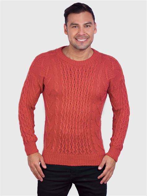 Hand Knit Warm Orange Aran Alpaca Sweater For Men Inti Alpaca