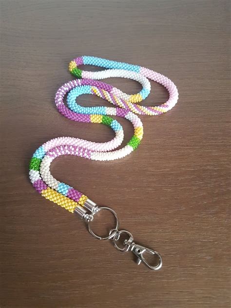 Find the latest id holders, key lanyards and more at fansedge today. Pastel color beaded crochet rope lanyard, ID holder, ID ...