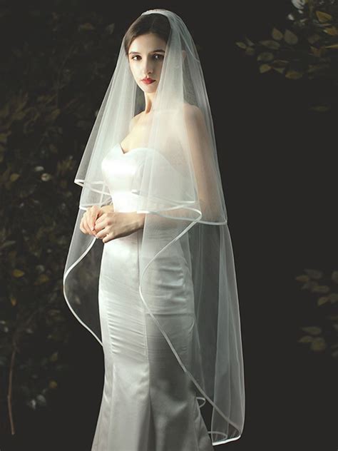 Classic Tulle Two Tier Waltz Wedding Veils With Ribbon Edge At Hebeos