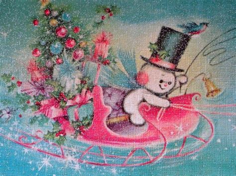 Vintage Christmas Card Unused Mcm Glitter Anthropomorphic Snowman Pink