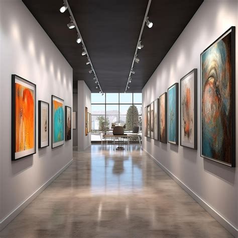 Premium Ai Image A Long Hallway With Several Paintings On The Wall