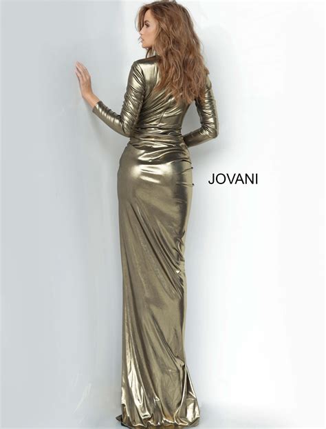 jovani 3172 metallic gold long sleeve ruched prom dress