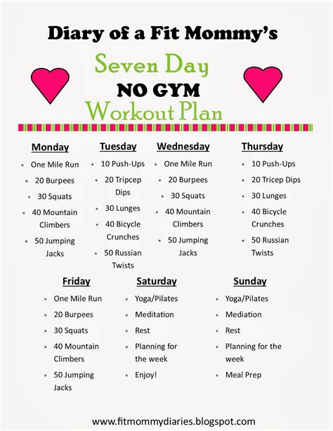 Follow these innovative ideas of what equipment would be best, cost, sample workouts that really work. Diary of a Fit Mommy's 7 Day NO GYM Workout Plan | Diary ...