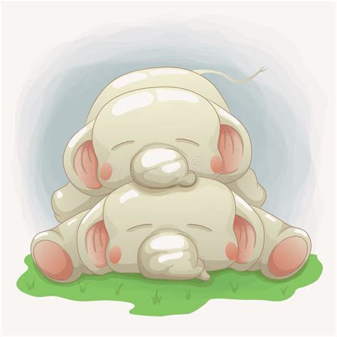 Two Cute Baby Elephants Sleeping Together Vector Cartoon Hand Drawn
