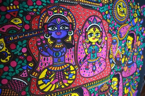 Krishna With The Gopis Madhubani Painting Traditional Indian Etsy