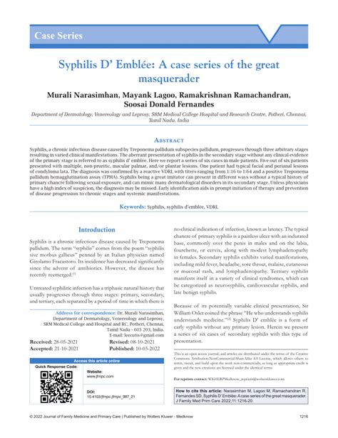 Pdf Syphilis D Emblée A Case Series Of The Great Masquerader