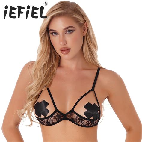 Women Lace Bra Tops Hollow Out Wireless Sexy Half Cup Open Nipples Bra Lingerie Adjustable