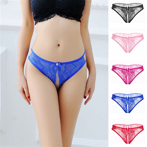 2021 Sexy Women Solid Floral Panties Breathable Open Crotch Thongs Lace