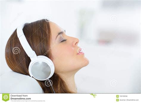 Closeup Portrait Attractive Young Female With Headphones Stock Photo