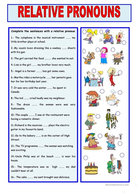 Fill in the following sentences with the appropriate relative pronoun: RELATIVE PRONOUNS worksheet - Free ESL printable ...
