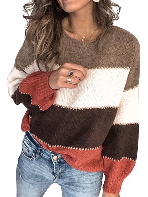 women knitted top sweater jumper pullover long sleeve striped casual loose m l
